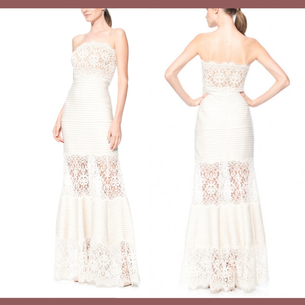 NEW Tadashi‎ Shoji Pintuck Jersey Strapless Gown in Cream/Nude [SZ XL ]